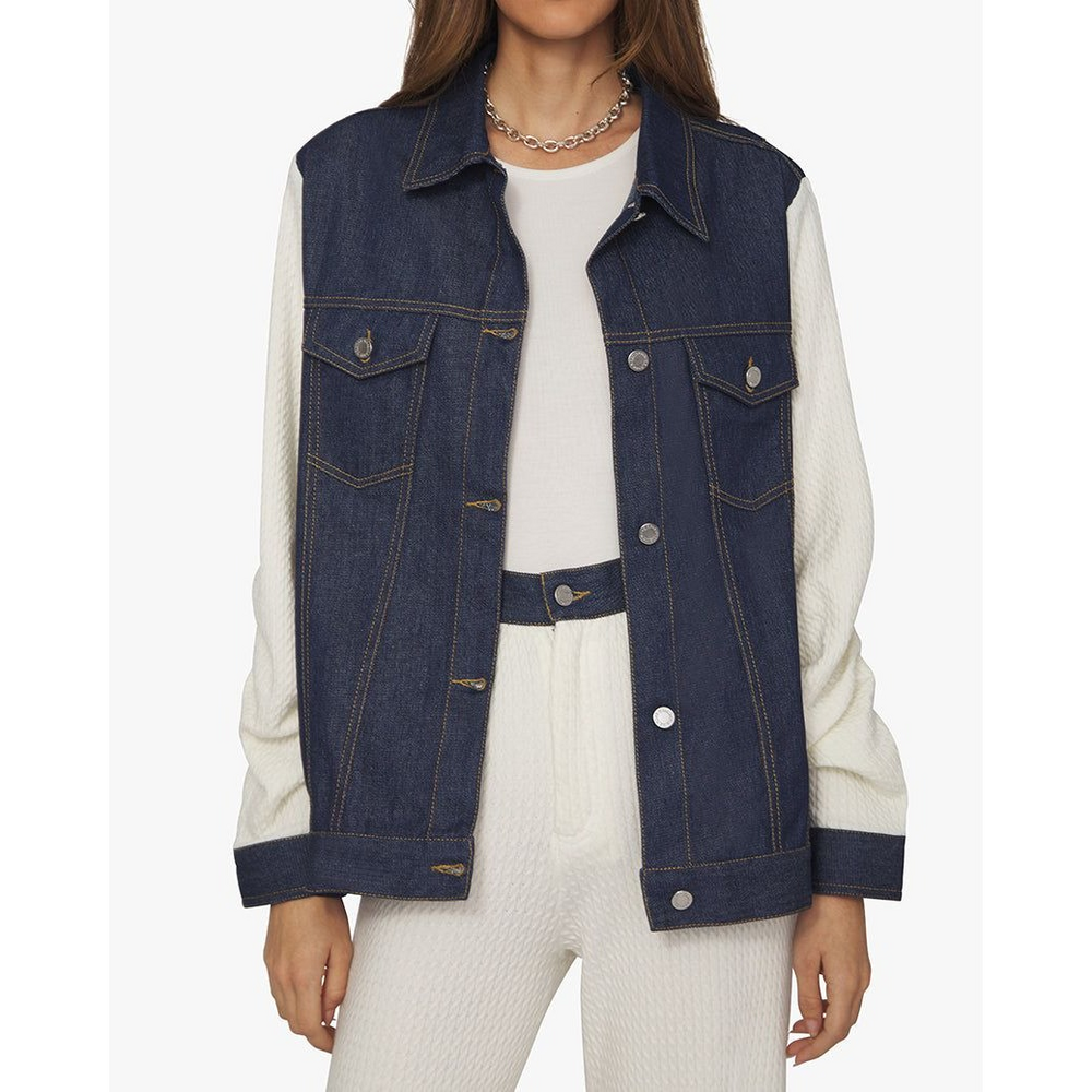 WeWoreWhat Oversized Cable Knit Sleeve Denim Jacket in Blue/ Cream Size XS in Wh - Picture 3 of 3